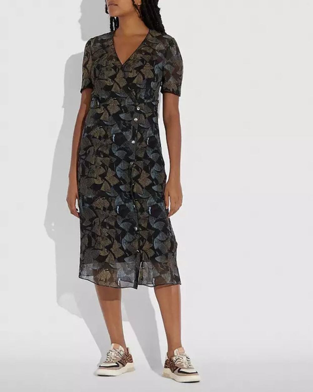 Coach Printed Long Chiffon V Neck Dress Silk Midi Short Sleeve Womens 0 Party